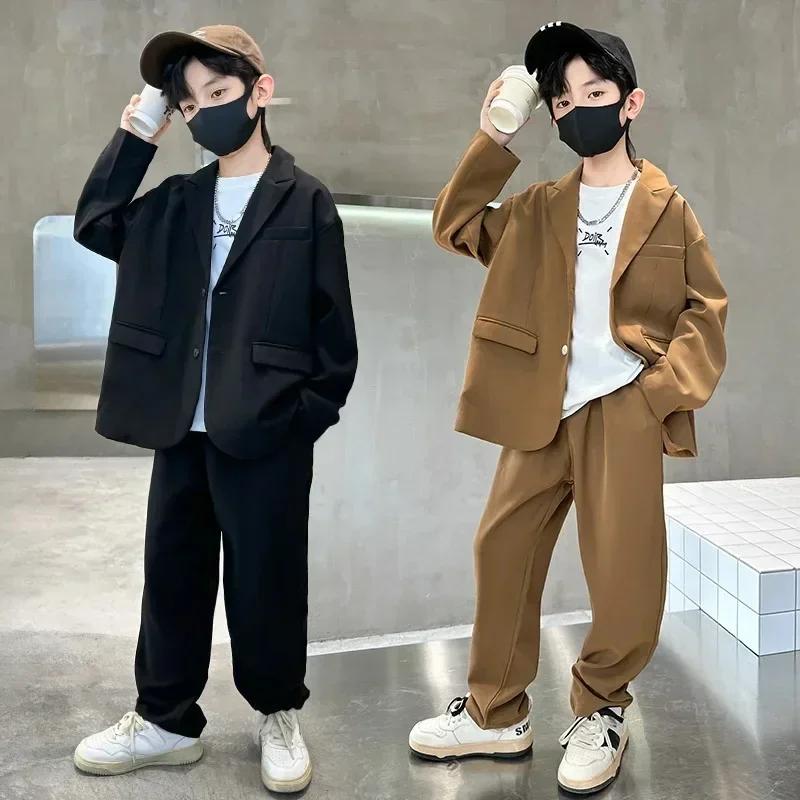 Стильный комплект блейзера для мальчиков, повседневные блейзеры, пиджаки, брюки, комплект из 2 предметов, школьные костюмы для выступлений, подростков, детей, наряды для свадебных вечеринок