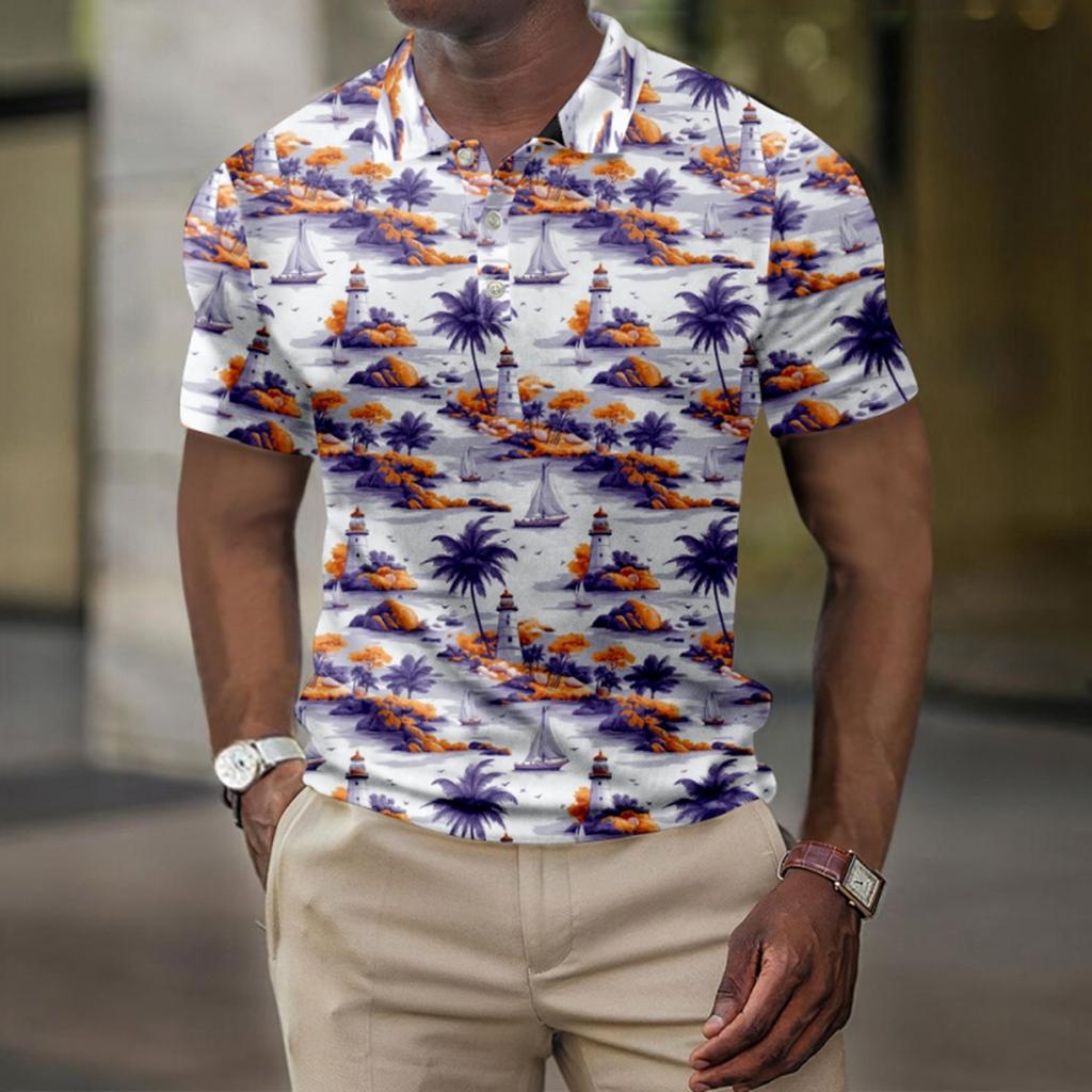 Men's Summer Hawaii Printed Golf Shirt Botton Short Sleeve Top Men's Casual Fashion Shirt