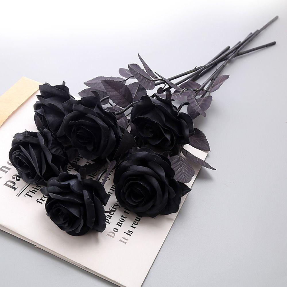 5pcs 50cm Simulation Rose Black Fake Silk Flowers Gift Halloween Black Flower Home