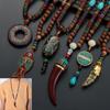 Vintage Ethnic Jewelry Party Lucky Gift Mala Wood Bead Horn Fish Pendant Buddhist Nepal Necklace