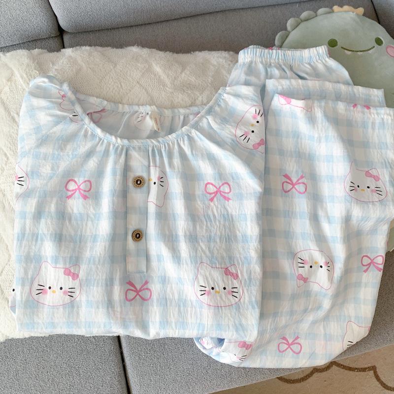 Женский набор пижамы с мультяшным принтом из облачного хлопка – с длинным рукавом, круглым вырезом, больших размеров, для ношения на улице