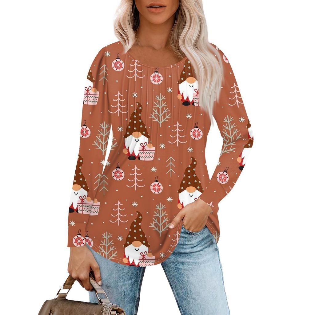 Женская повседневная футболка с круглым вырезом и длинными рукавами с рождественским принтом и складками