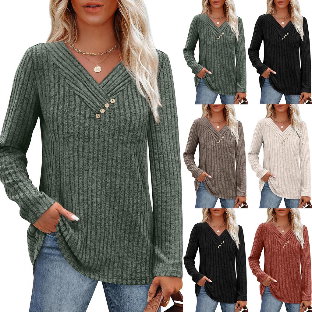 Women Long Sleeve Shirts V Neck Tops With Buttons Fall Fashion Outfits Winter Sweaters