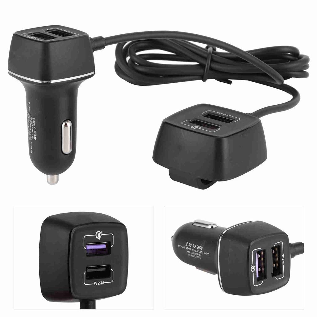 Fast Car Charger 4 USB Port for QC 3.0 Fast Charging Rear Seats Expanded WExtension Cord 60W 12V