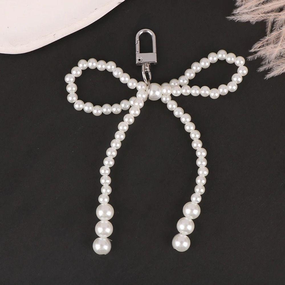 3D Pearl Bow Pendant Hanging Ornament Cellphone Lanyard Keyring Pearl Bowknot Keychain Women Girls