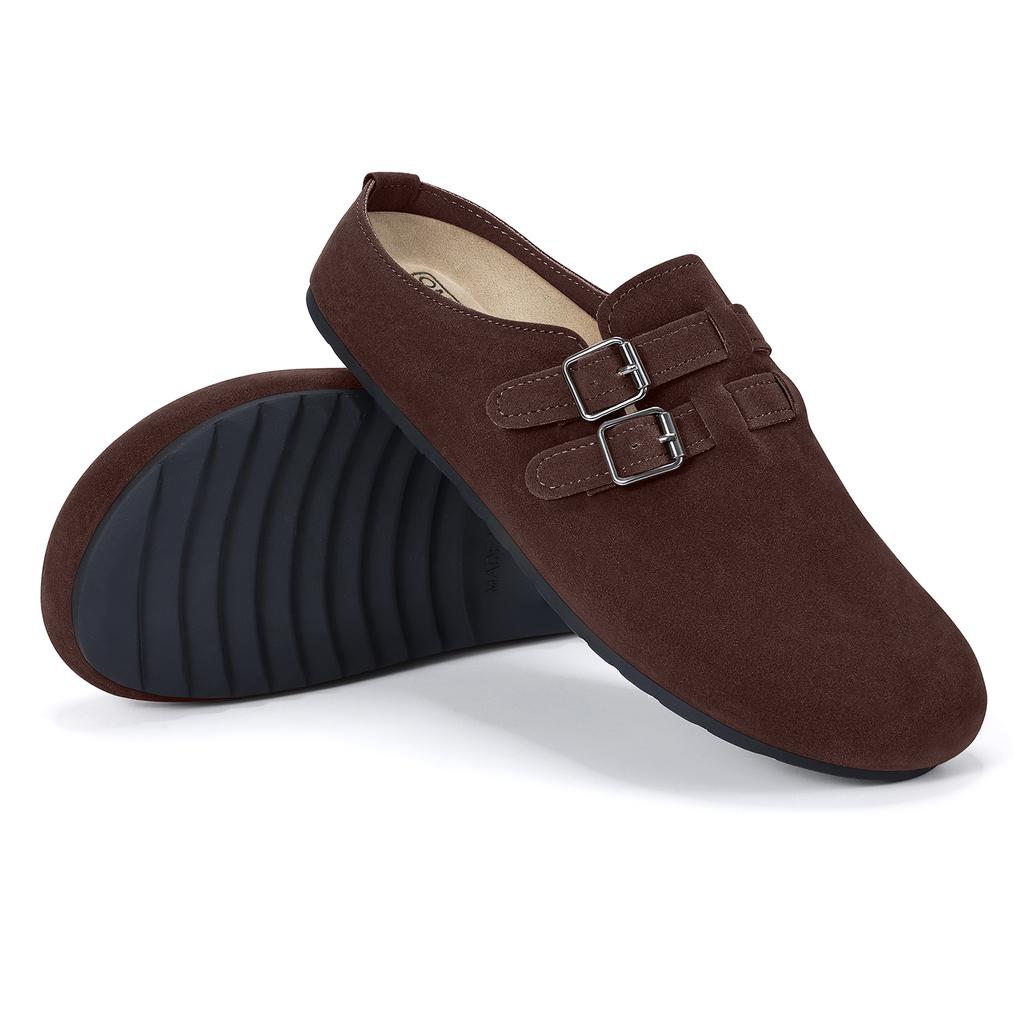 Fashion Crestar Women's Suede Clogs Slippers Comfort Double Buckle Flat Mules Retro Potato Shoes Fashion Lady Soft Insole Leisure Shoes