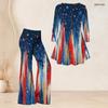 Women Plus Size Round Neck Three Quarter Sleeve Printed Red White Blue Flared Top And Flared Pants Set