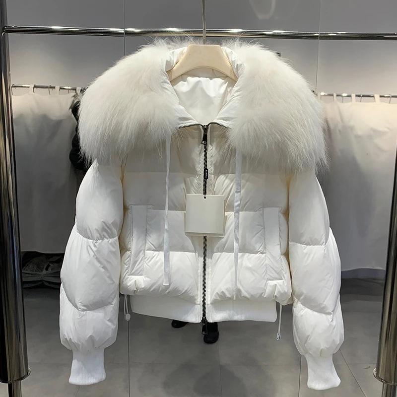 Winter Puffer Jacket Women Thick Warm Parkas Real Natural Raccoon Fur Loose Down Coat