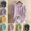 Women's Fashion Round Neck Short Sleeve T-shirt Casual Cotton Linen Graphic Shirt Leisure Loose Flowers Prined Summer Blouse Tops