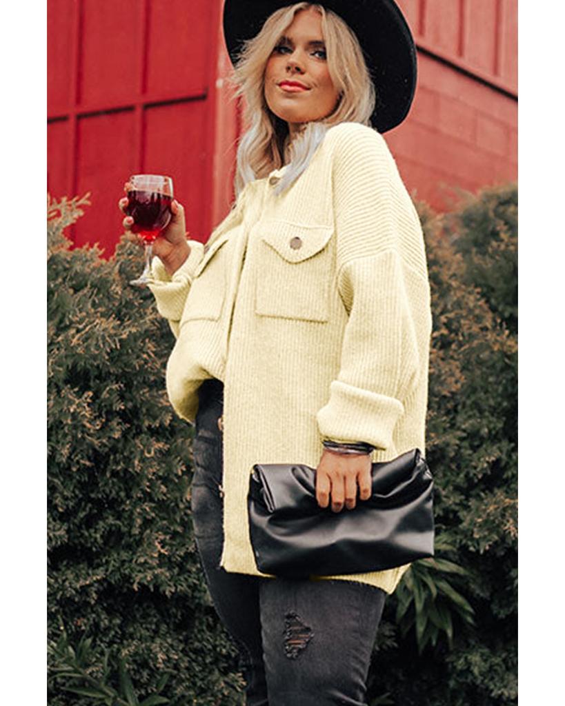 Azura Exchange Beige Plus Size Ribbed Flap Pocket Collared Knit Jacket