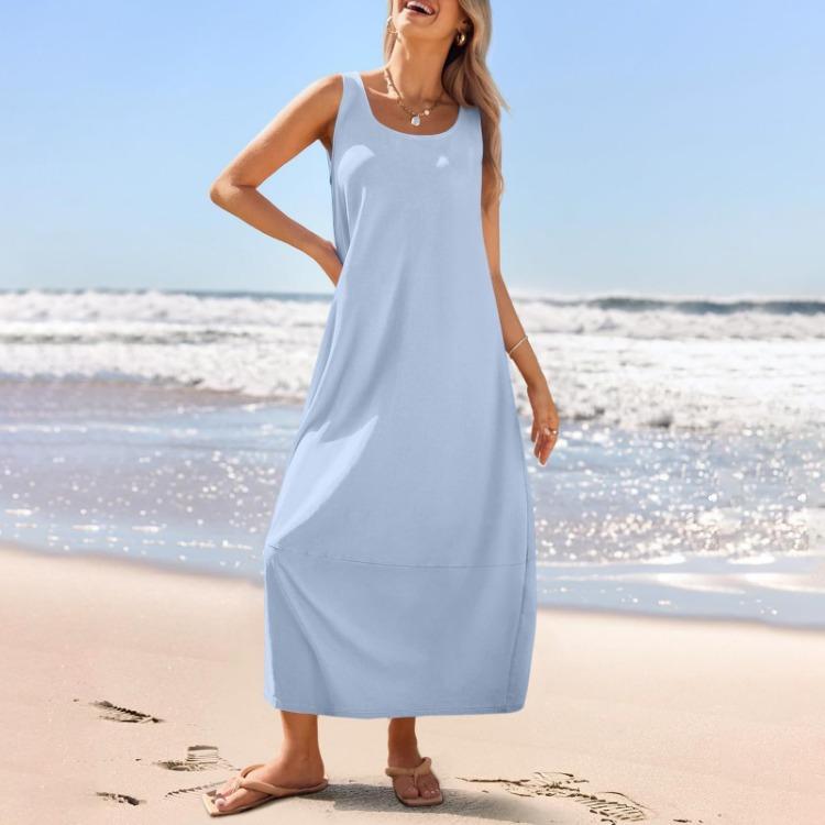 Summer Women's Casual Loose Sleeveless Round Neck Sundress Long Beach Dress