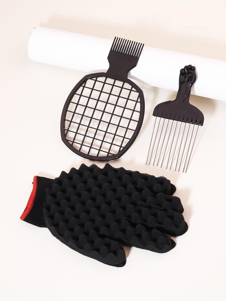 3-piece/set African Black Hairstyle Set Stainless Steel Needle Comb Hot Mesh Comb Black Sponge Gloves Special for Real Hair Wigs
