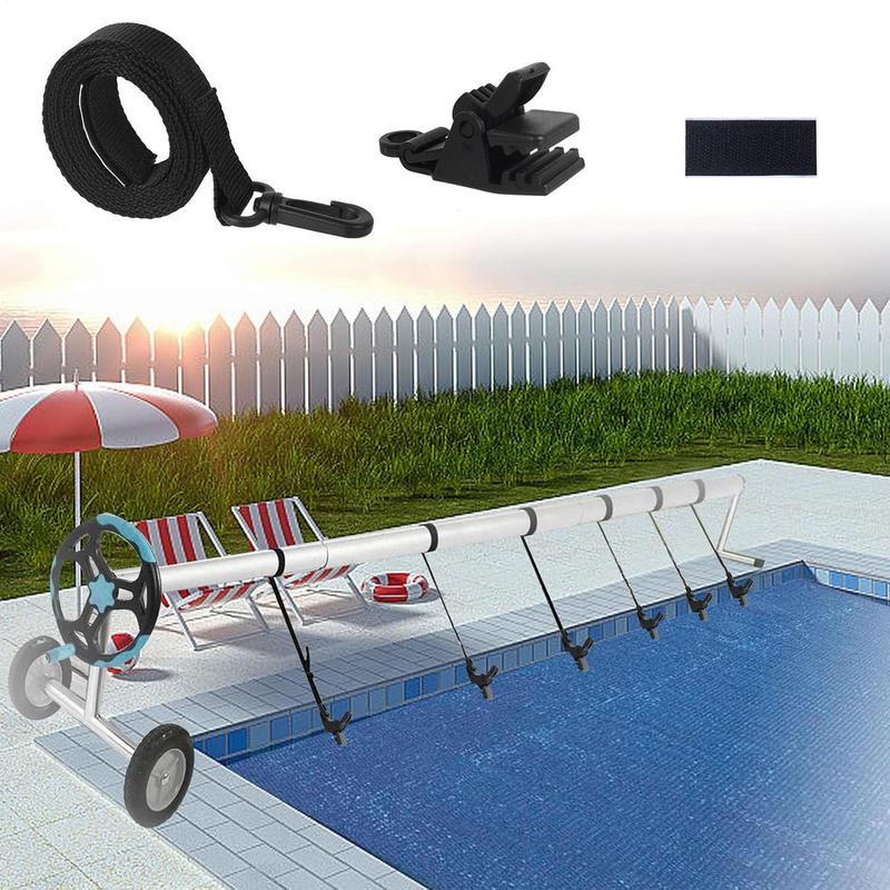 24Pcs Solar Blanket Straps Kit Including 8 Straps 8 Clips and 8 Fastener Solar Cover Reel Strap Kit for In-Ground Swimming Pool