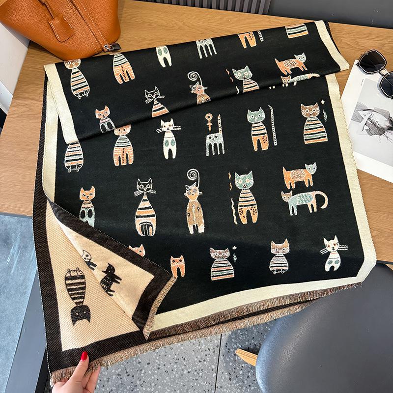 Winter Cashmere Scarf Women Luxury Cat Print Female Shawl Wrap Scarves Lady Thick Warm Blanket Gift Echarpe Pashmina