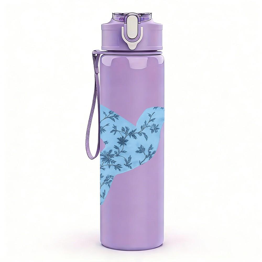 1PC Blue Floral Hummingbird 750ml Color Plastic Sports Water Bottle Leakproof Flip Straw Lid Suitable for Sports Office Home Use