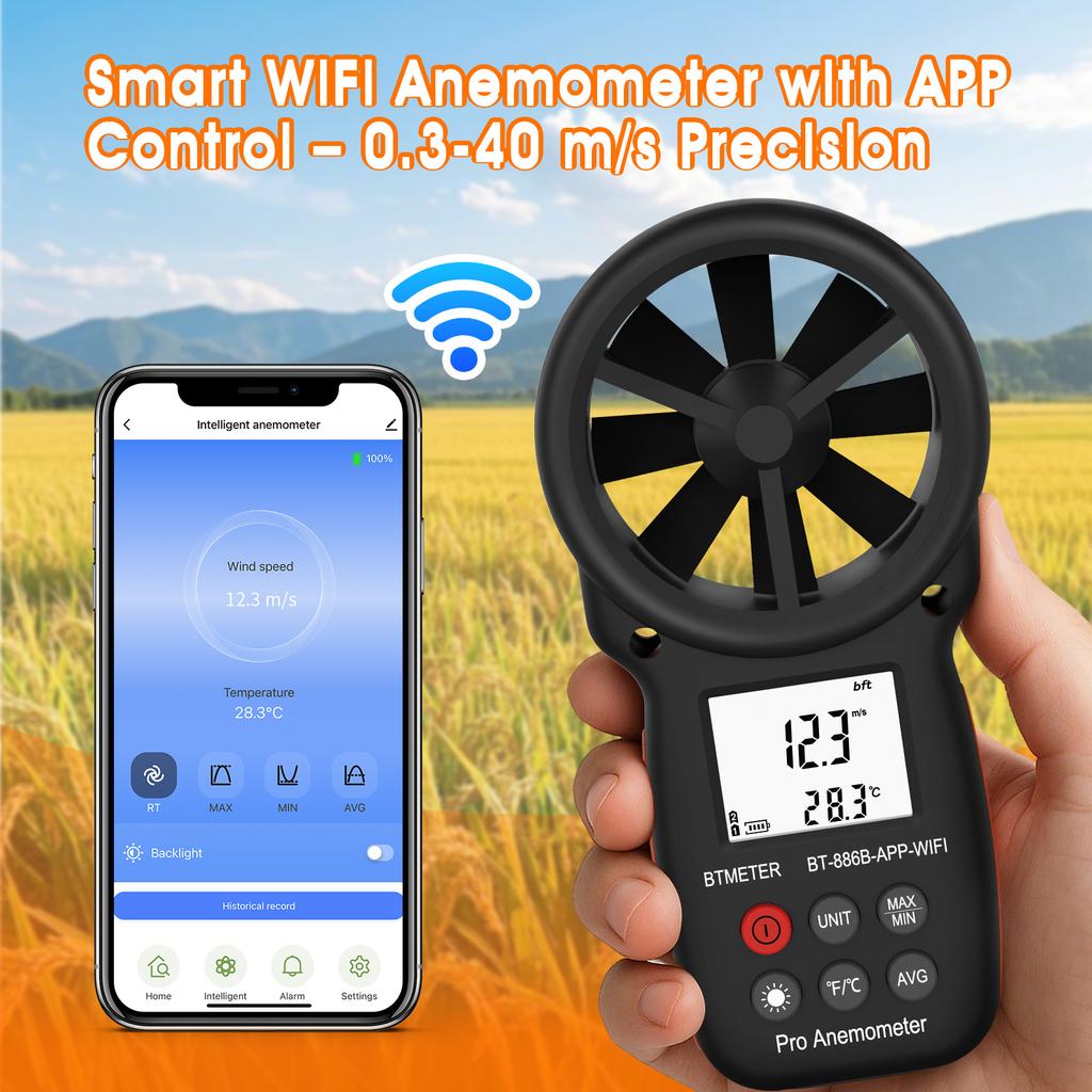 Smart Anemometer Wind Gauge with Record, WiFi App Connection & Control, Wind Meter for Monitoring Wind Speed, Temperature