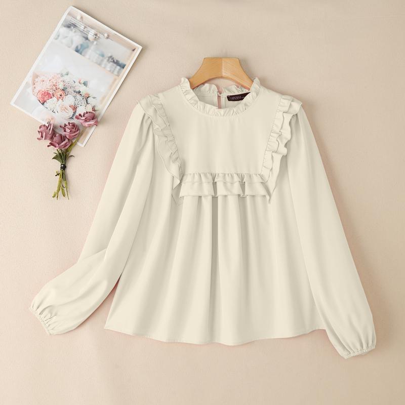 ZANZEA Женская повседневная однотонная свободная блузка с круглым вырезом и длинным рукавом