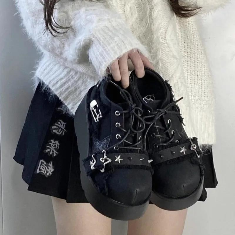 Women's Shoes Punk Metal Chain Chunky Platform Ankle Boots Autumn Thick Bottom Denim Boots Woman Black Gothic Lolita Shoes