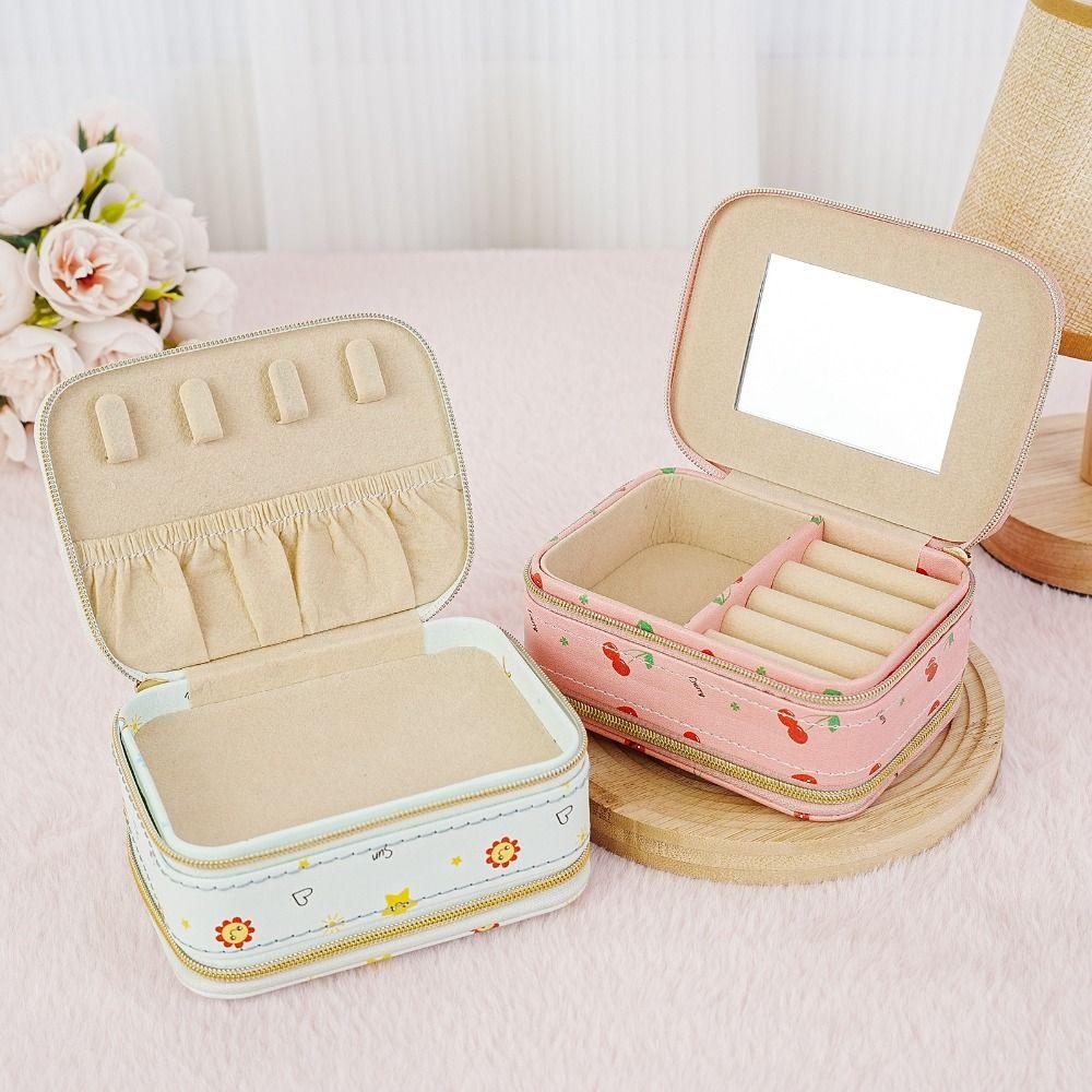 Rings Necklace Jewelry Packing Bag Cherry Flower Jewelry Holder With Mirror  Gift
