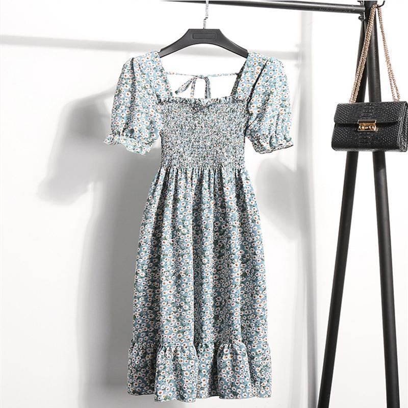 Летнее платье с цветочным принтом, женское повседневное платье с квадратным воротником, плиссированной талией, тонкое, средней длины, белое, S-XL