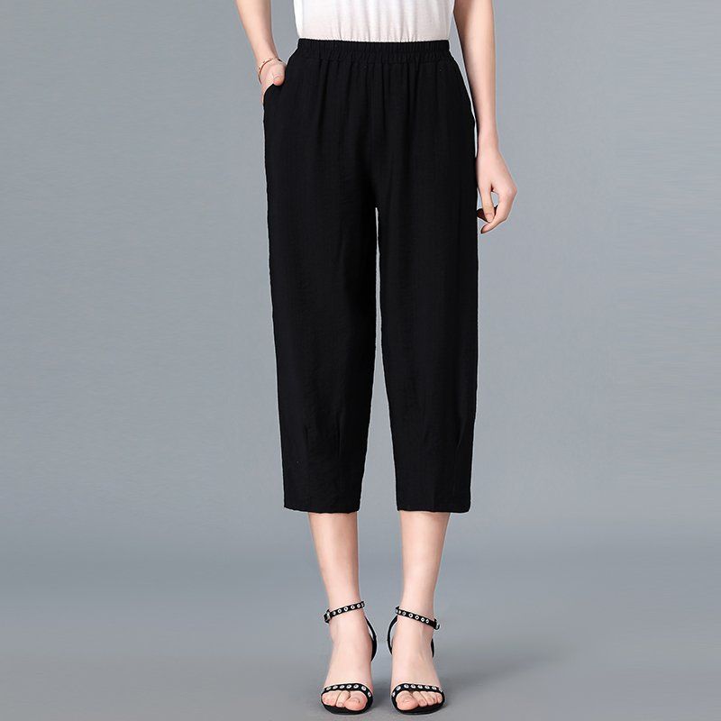 Летние хлопчатобумажные брюки-семь точек для мам с эластичной талией и высокой посадкой для женщин старшего возраста, льняные брюки