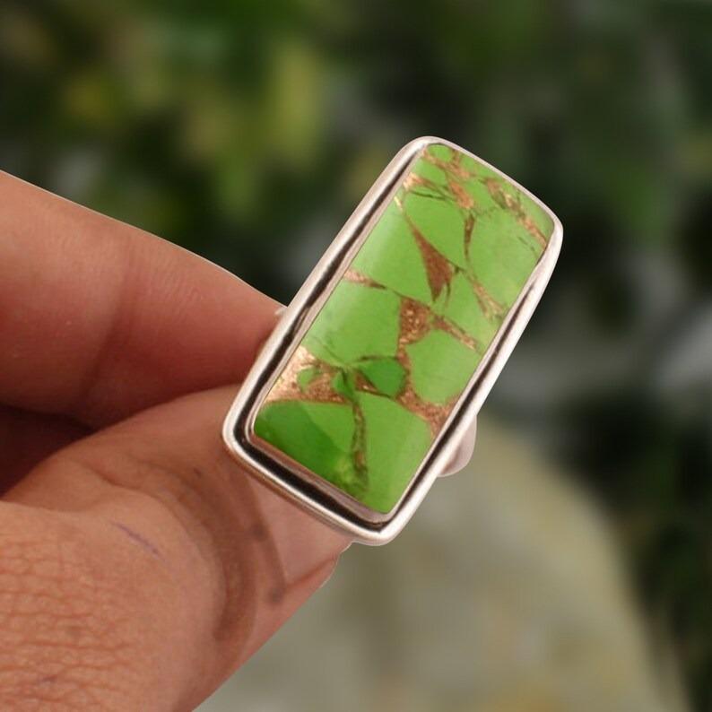 Green Copper Turquoise Gemstone Ring, Solid 925 Silver Ring, Handmade Jewelry, Bezel Ring, Unisex Gift, Birthday Gift