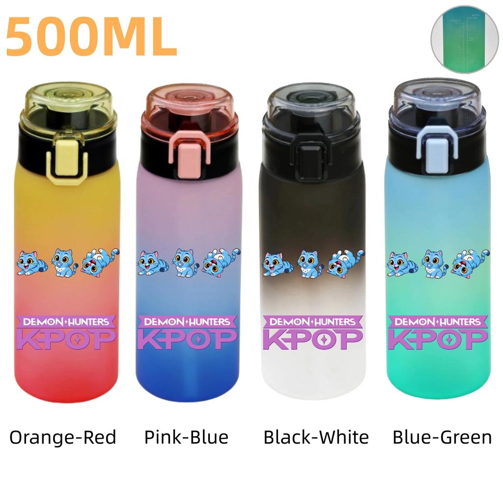 500ML KPop Demon Hunters Plastic Anime Water Cup Has Scale Travel Office Gym Hiking Portable Drink Bottles Outdoor Sport Gifts