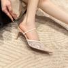 One word with two wear pointed toe bag head high heel slippers women, embroidered lace nude high heels sandals stiletto