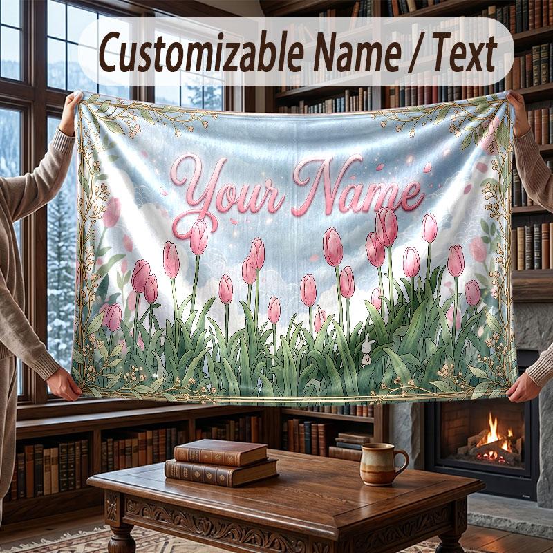 Floral Garden Theme Throw Blanket Custom Name Text Personalized Blanket Soft Cozy Blanket for Home Sofa Bed