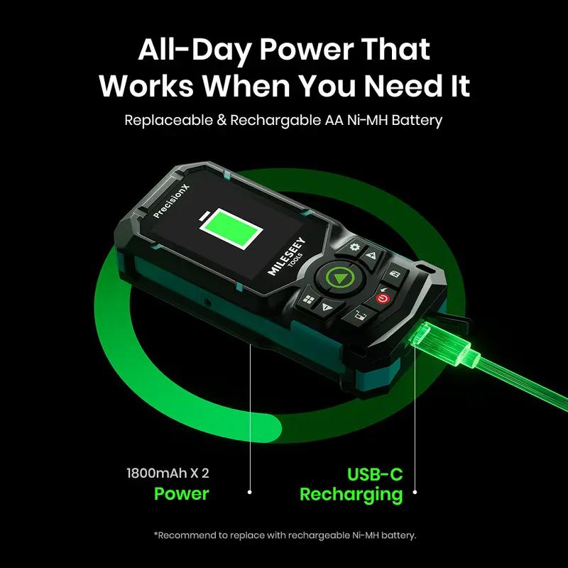 Mileseey Лазерный дальномер S50 120 м, перезаряжаемый, зеленая лазерная рулетка с Bluetooth, технология Powerburst, лазерная метка