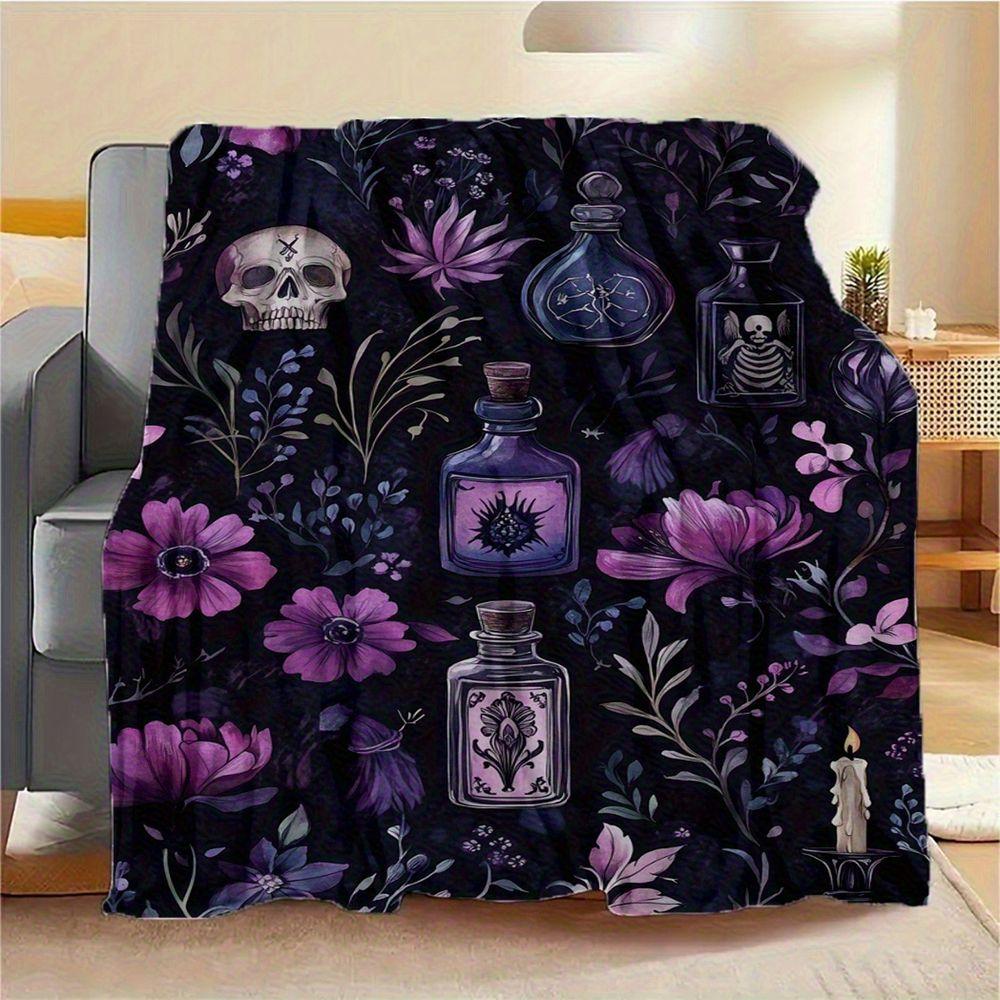 Gothic Floral Skull Potion Bottle Print Flannel Throw Blanket Soft Lightweight Bed Sofa Couch Cover Decorative Home Decor For All Seasons