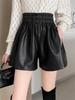 Autumn/Winter 2023 Women's High Waist PU Leather A-Line Shorts - Versatile, Slim Fit, Elastic Waist, Wide-Leg Design.