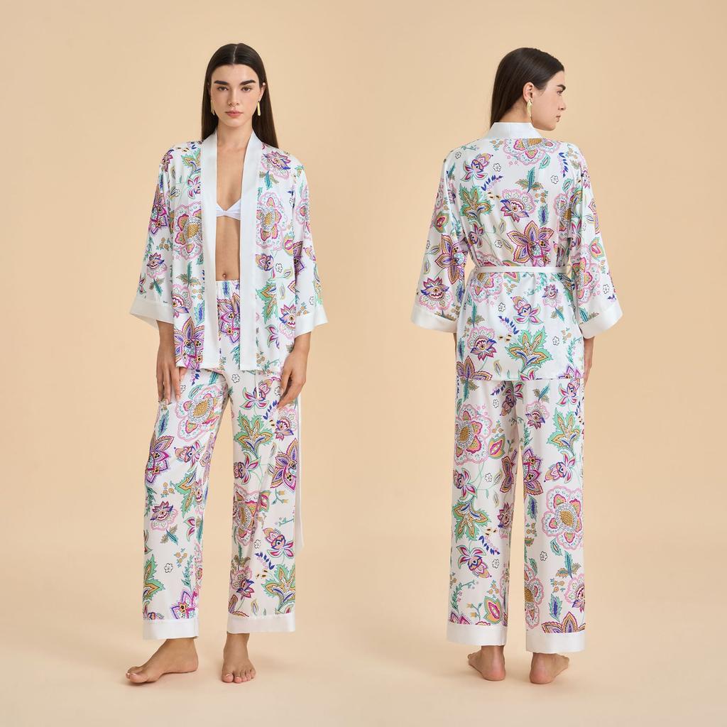 New high-end long-sleeved cardigan pajamas women's spring and autumn flower printing satin chiffon loungewear set TZ1000