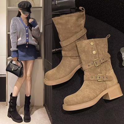 Женские ботинки Мартина 2025 осень и зима новые круглый носок квадратный каблук ботильоны облегающие ретро интернет-знаменитость взрыв куча ботинок