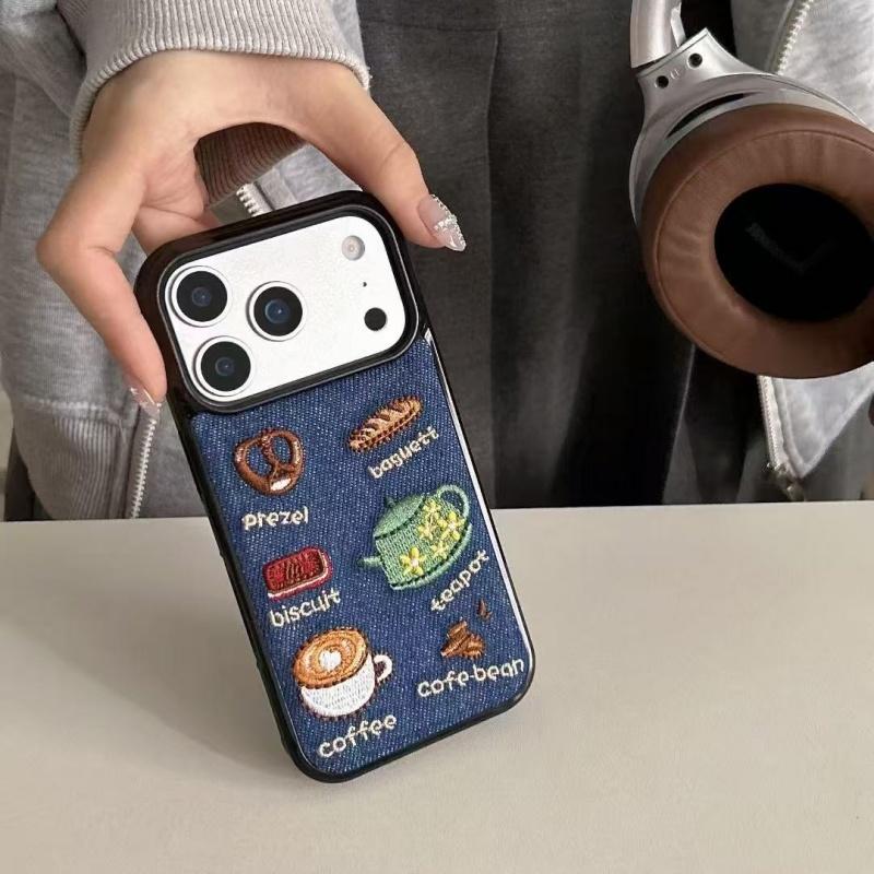 Ретро Джинсовая Вышивка Тост Теплый Тканевый Чехол для Телефона для iPhone 17 Air 16 15 14 13 Pro Max Милая Задняя Крышка