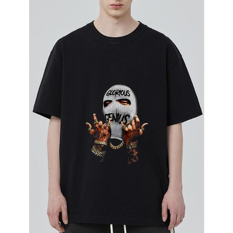 Black T Shirt with Glorious Genius Balaclava and Tattooed Hands Print for Streetwear Fashion