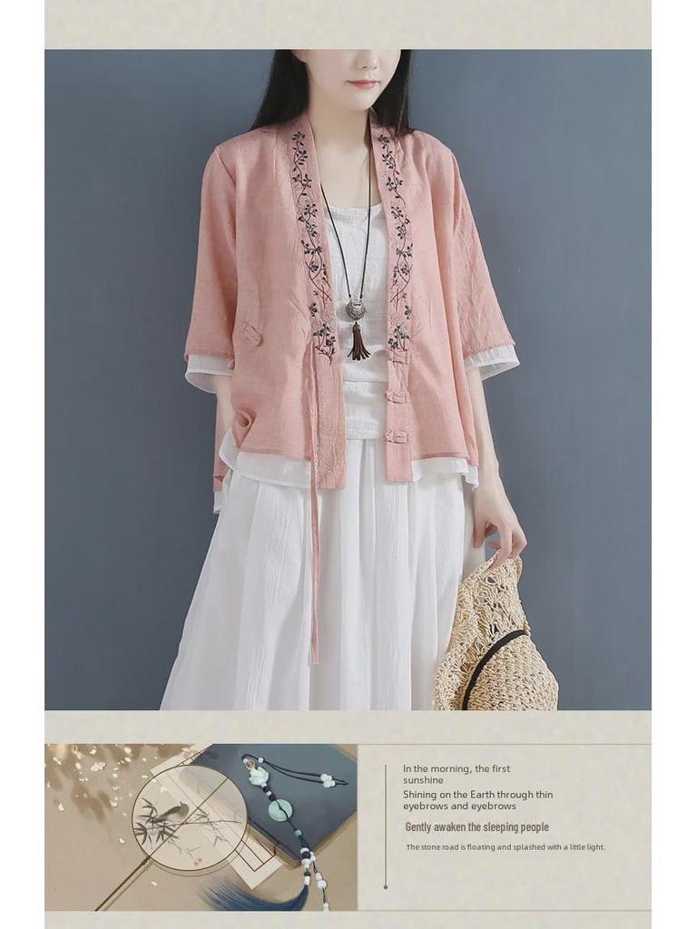 Хлопковая рубашка в китайском стиле в стиле ретро: Женский кардиган из двух частей со средним рукавом и косым воротником