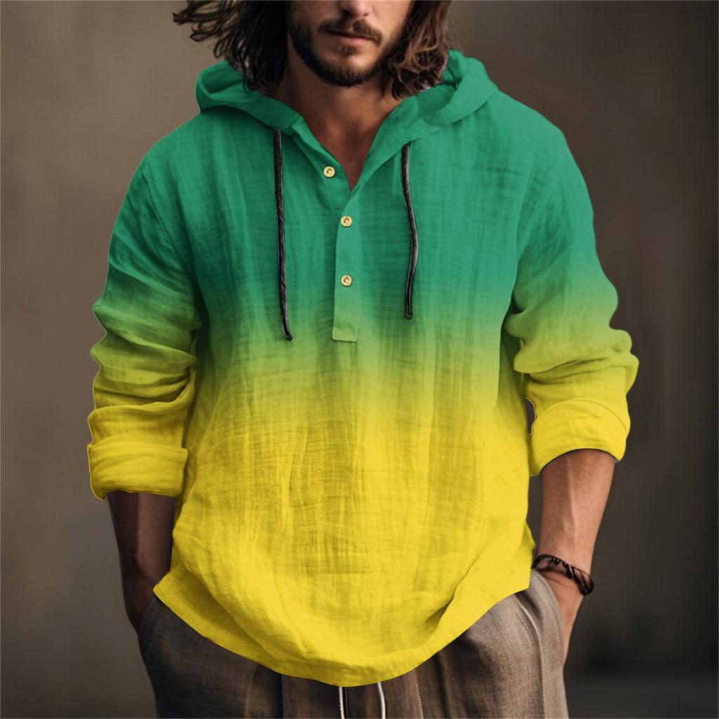 Printed Men's Cotton And Linen Shirt Hooded Long-sleeved Hooded Spring And Summer Casual Daily Wear