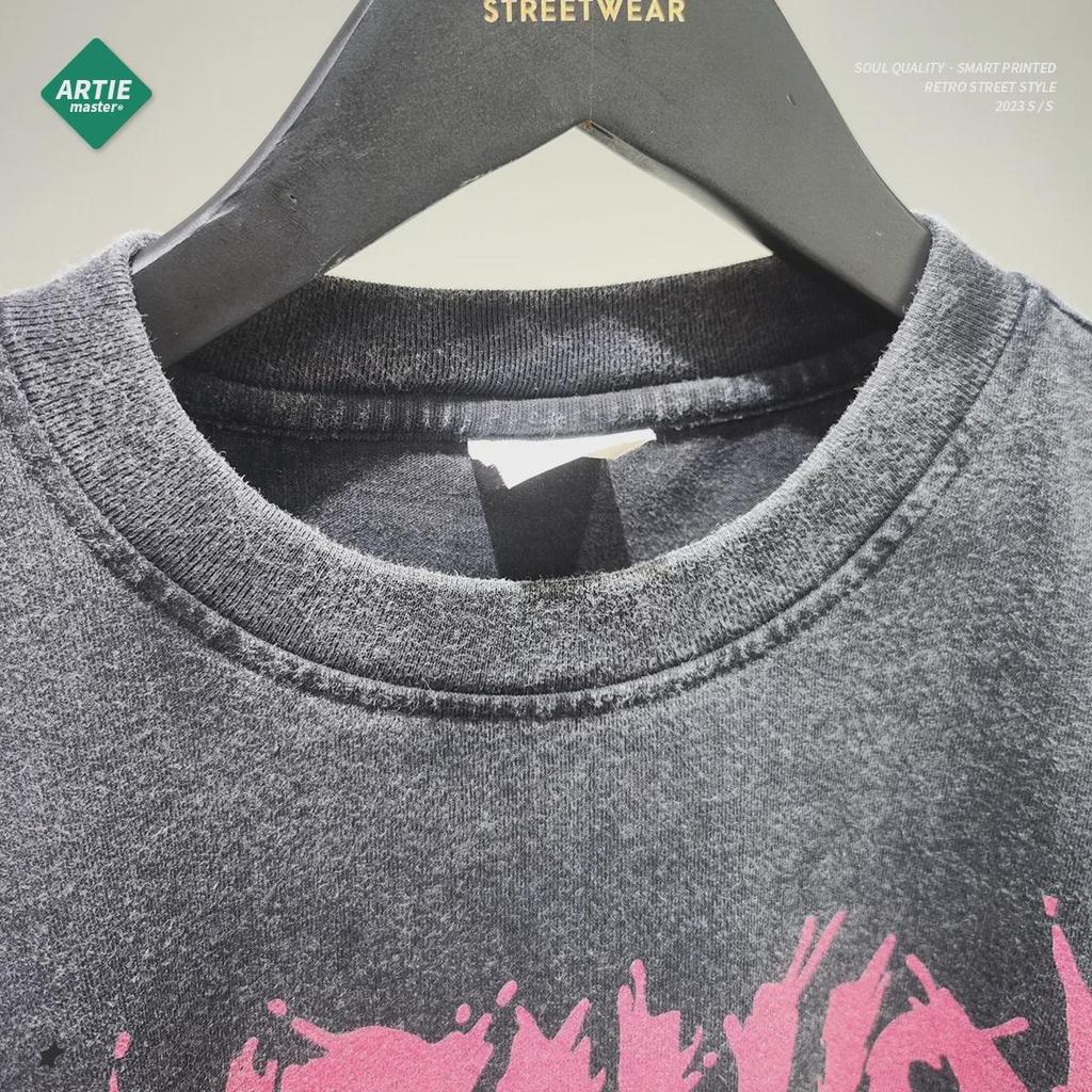 ARTIE Men's Washed Retro Skull Flame T-Shirt - Dark Loose Fit, Trendy Short Sleeve