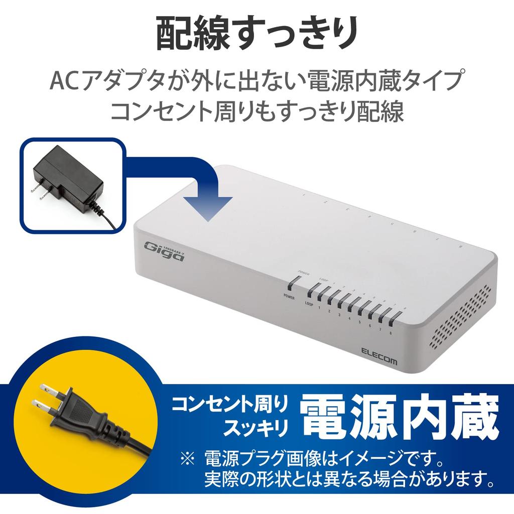 ELECOM Gigabit Ethernet Switching Hub, 8 Ports, Plastic, Magnetic, Built-in Power Supply, White EHC-G08PN2-JW