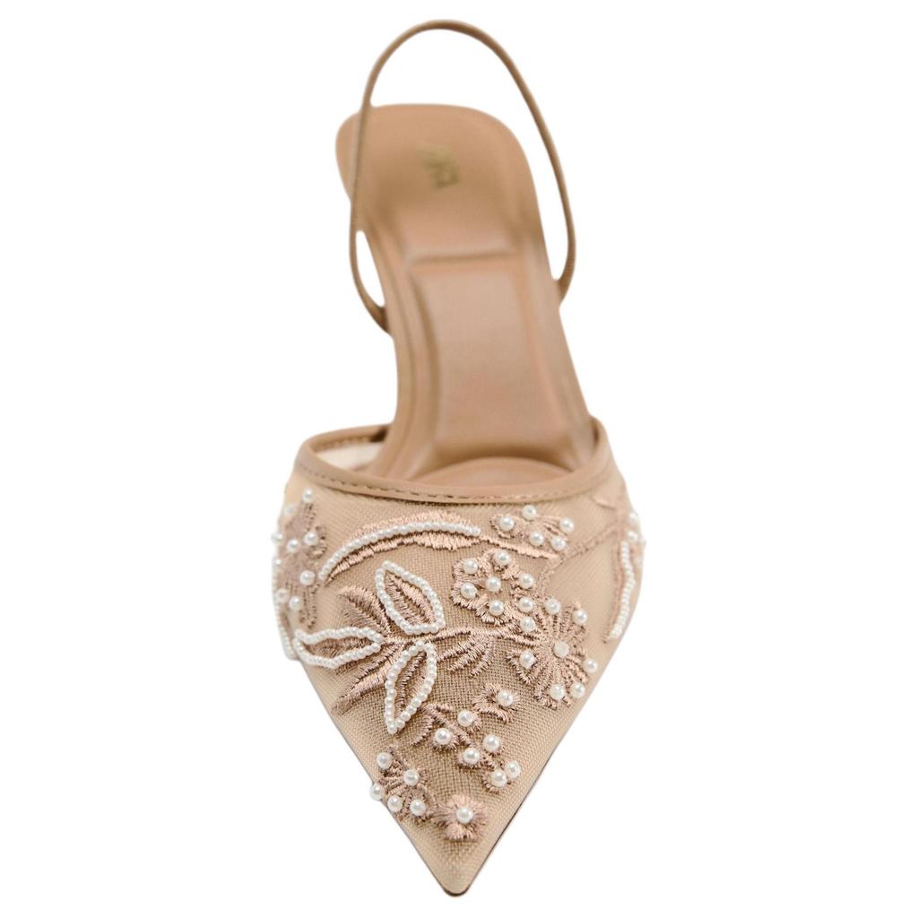 Zara Elegant Embroidered Mesh Open-Back Stiletto Heels 6Cm Women Heels Brown 12256410105