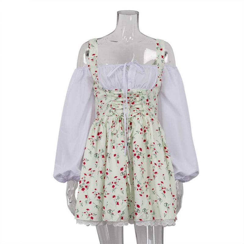 Slimfit сексуальное платье с открытыми плечами и цветочным принтом для женщин, зашнуровать лоскутное мини-платье с длинными рукавами Femme France, винтажное элегантное уличное платье, лето 2024