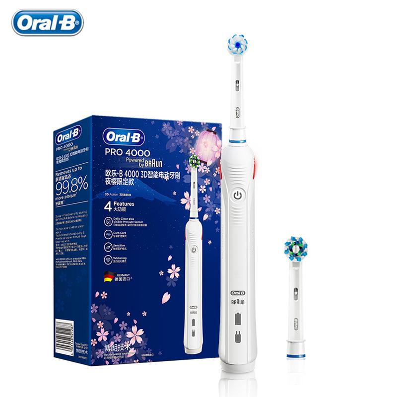 Ультразвуковая электрическая зубная щетка Oral B Pro4000, 3D умное отбеливание зубов, щетка для взрослых, перезаряжаемая