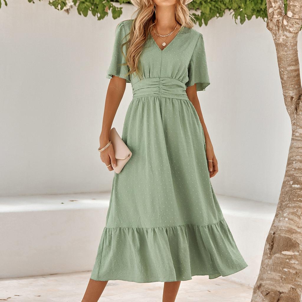 GMXIA Женские модные летние весенние однотонные повседневные платья с v-образным вырезом и короткими рукавами и высокой талией