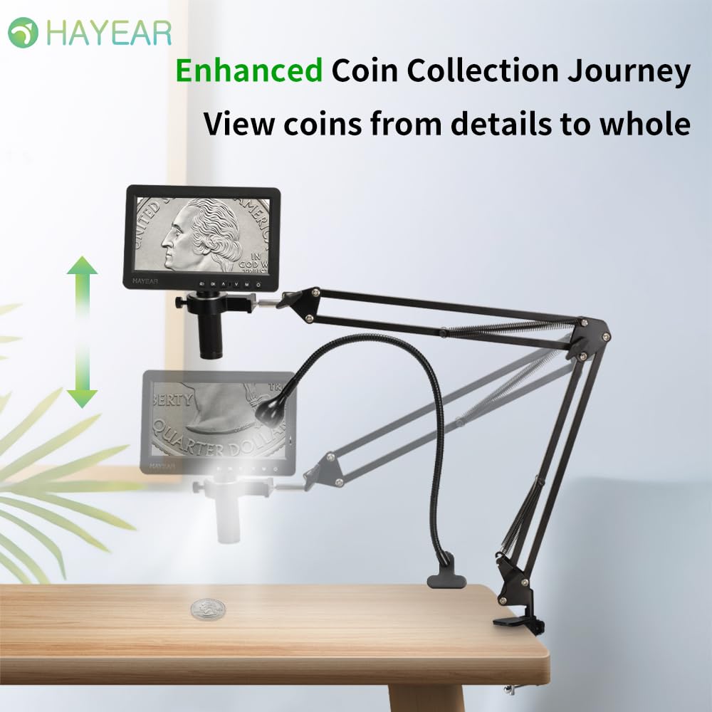 HAYEAR 26MP 7 Inch Screen Digital Microscope Camera Set with Microphone Arm Stand and 150x Suitable for Scientific Jewelry PCB Lens, Education,