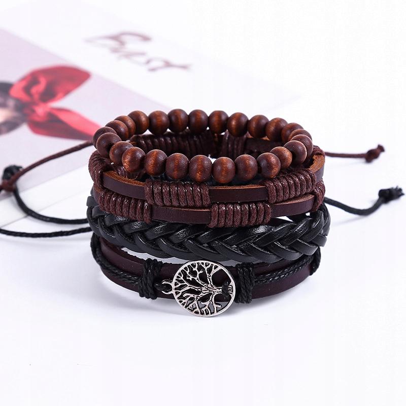 Men's Leather Bracelet, Eco Leather Set, Set Of 4, Tree Of Life, Vintage