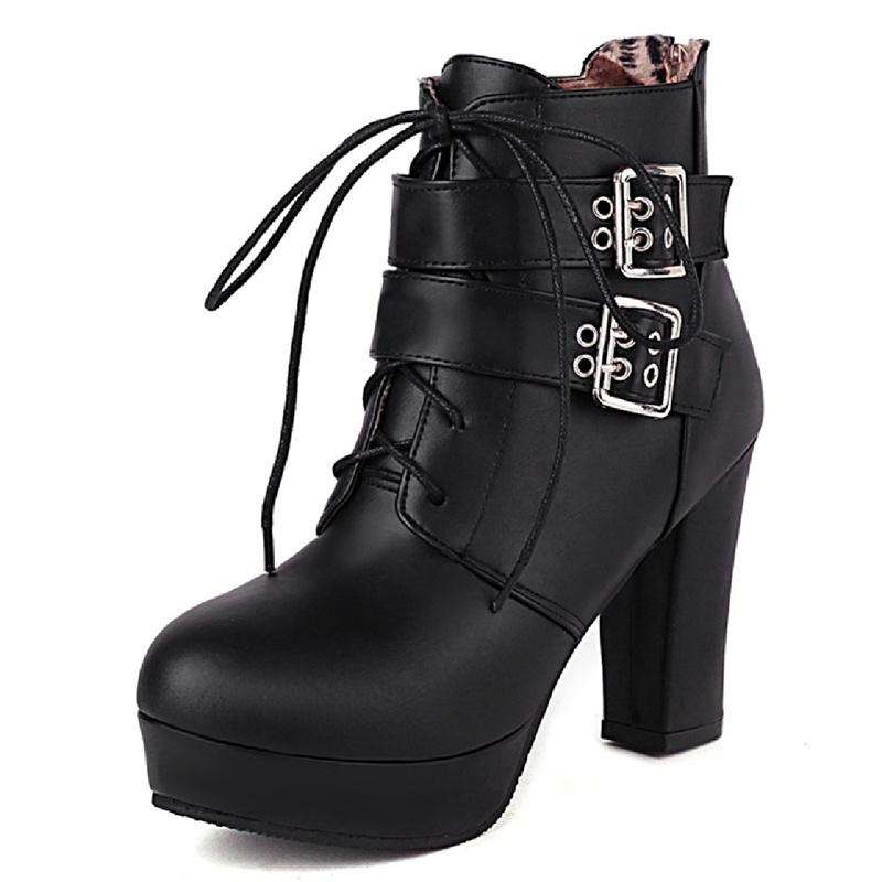 Fashion Women's Ankle Boots Platform Lace Up High Heel Short Boot Buckle Red Pink White Autumn Winter Sexy Ladies Party Shoes Large Size