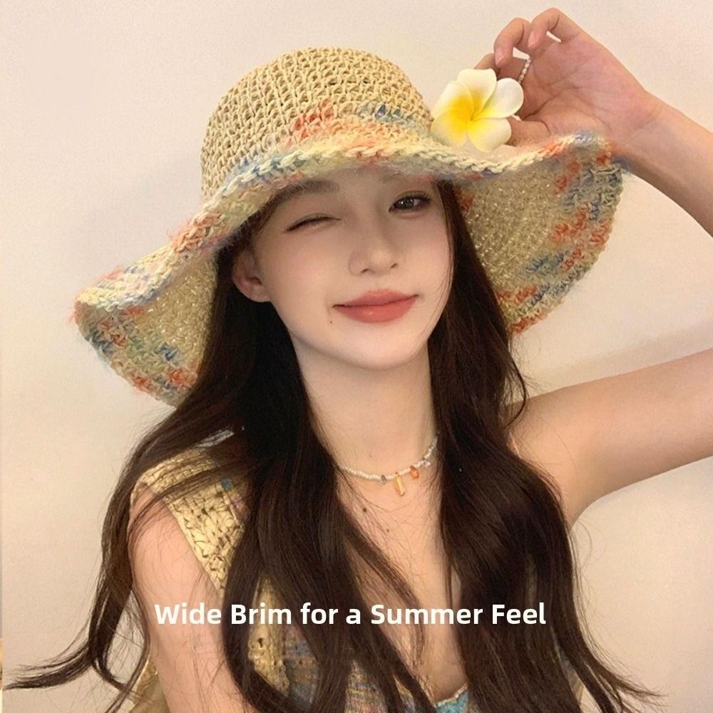 Foldable Wide Brim Straw Hat Colorful Women's Sun Visor Hats Casual Weave Bucket Hat Holiday