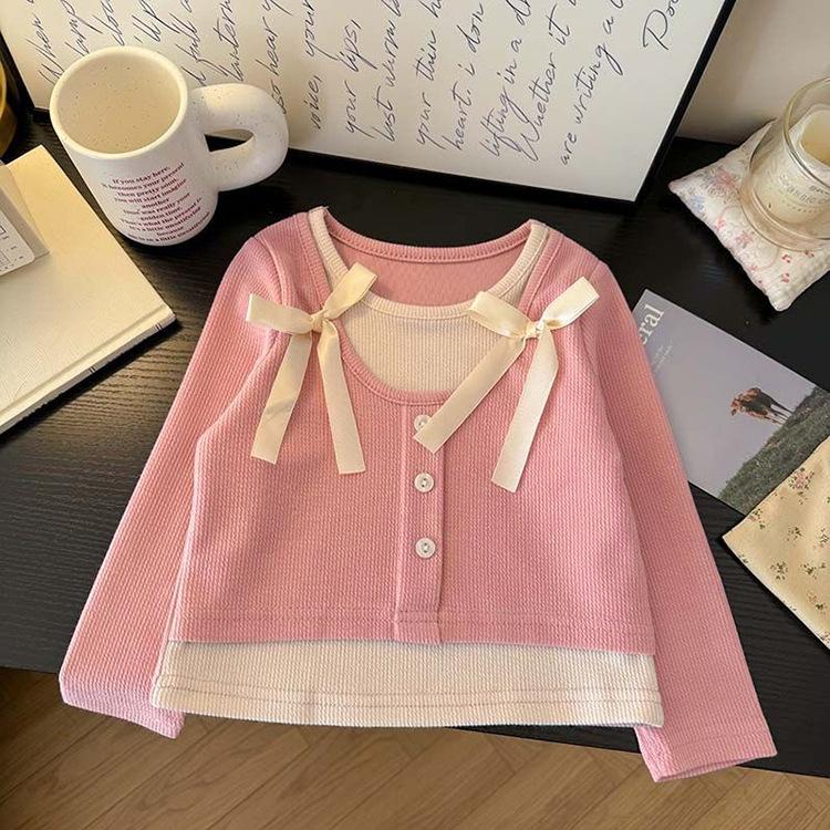 Girls T-shirts Spring Autumn Casual Tops for Kids Fake Two-piece Children Undershirts Long-sleeved Toddler Bottom Baby Outfits