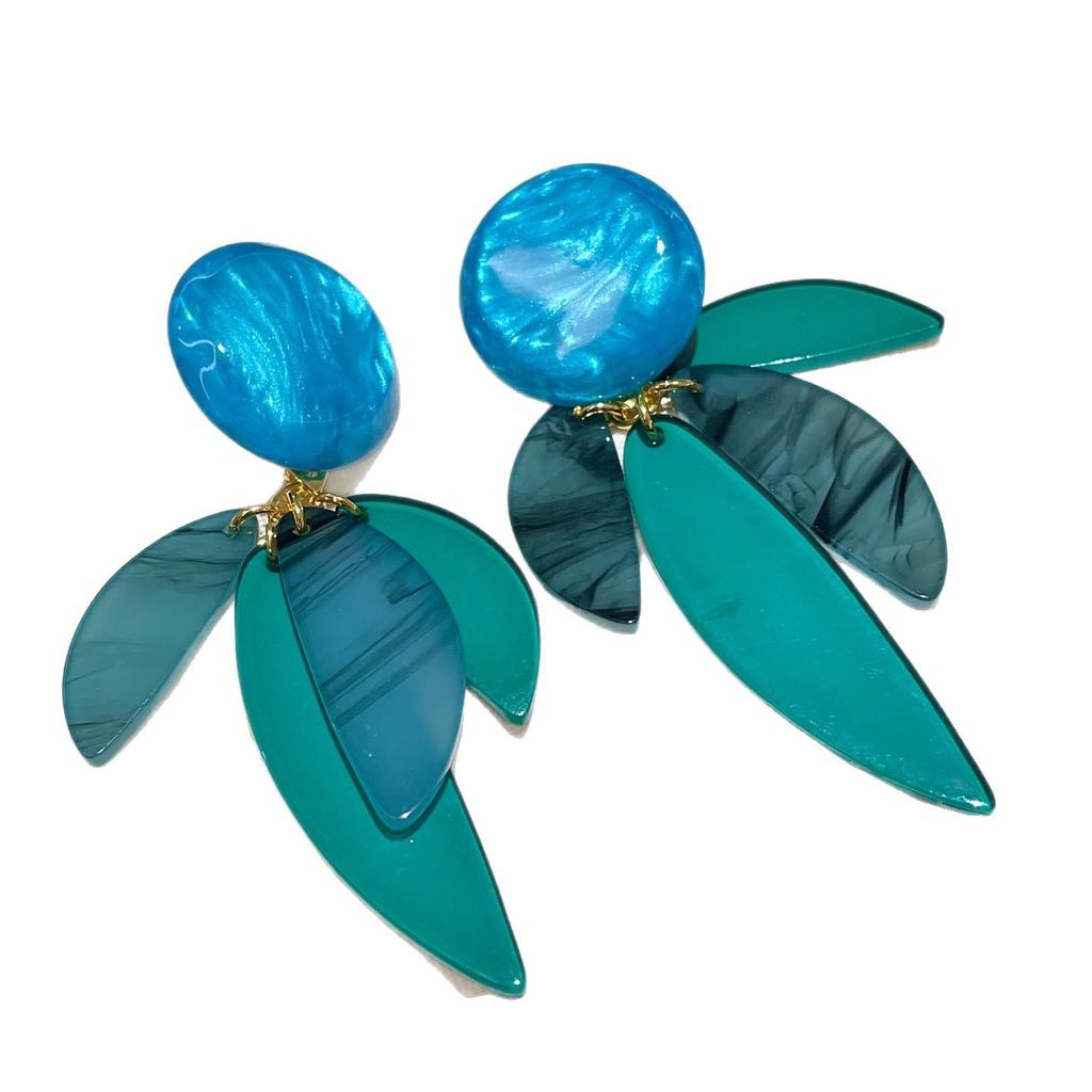 Handmade Pop Art Blue-Green Leaf Stud Earrings for Women